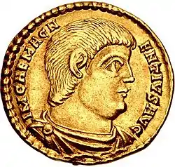 Golden coin depicting Magnentius facing right