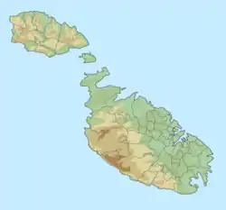 Map of the Maltese archipelago with a red dot on the west side of the island of Gozo showing the location of the Inland Sea.