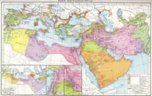 A map of northern Africa, southern Europe and western and central Asia with different color shades denoting the stages of expansion of the caliphate