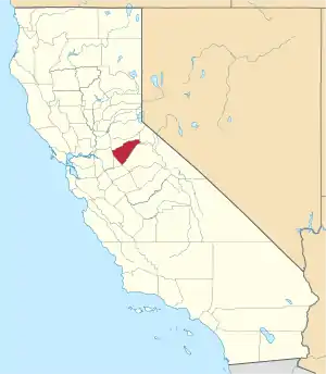 Map of California highlighting Calaveras County