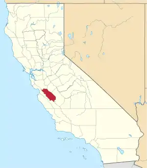 Map of California highlighting San Benito County