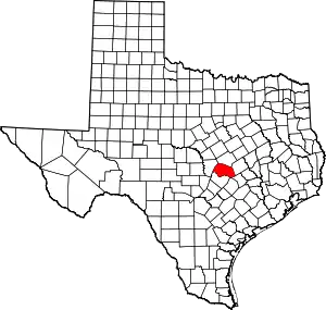 Map of Texas highlighting Williamson County