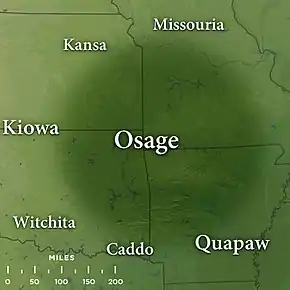 Map featuring traditional Osage lands by the late 17th century in the states of northwest Arkansas, southeast Kansas, southwest Missouri, and northeast Oklahoma