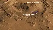 Rover's landing site is on Aeolis Palus near "Mount Sharp" in Gale Crater - north is down.