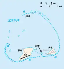 机场在沙岛上的位置。旧时跑道以灰色表示。