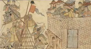 A painting of Mongol archers and siege engine attacking a defended castle.