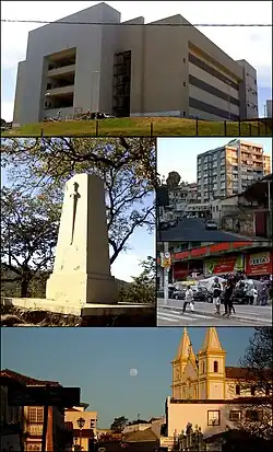 Top:Santa Luzia Administrative Office, Middle left:A monument of 1842 Liberal Revolution, Middle upper right:Floriano Peixoto Street, Middle lower right:Brasilia Avenue, shopping area, Bottom:Direita Street and Santa Luzia Cathedral