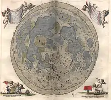 On an open folio page is a carefully drawn disk of the full Moon. In the upper corners of the page are waving banners held aloft by pairs of winged cherubs. In the lower left page corner a cherub assists another to measure distances with a pair of compasses; in the lower right corner a cherub views the main map through a handheld telescope, while another, kneeling, peers at the map from over a low cloth-draped table.