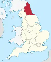 North East England, highlighted in red on a beige political map of England