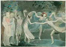  Four fairies dance in a circle beside another fairy who faces a human king and queen