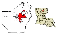Location of Monroe in Ouachita Parish, Louisiana.
