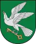 A coat of arms depicting a grey bird with a golden eye and wings outstretched holding a golden key all on a green background