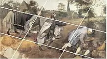A painting of six blind men stumbling; a diagonal grid overlays the image
