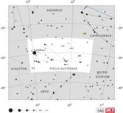 Diagram showing star positions and boundaries of the Piscis Austrinus constellation and its surroundings