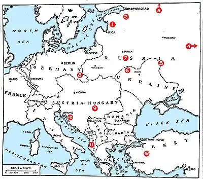 Map of Europe with numbered locations