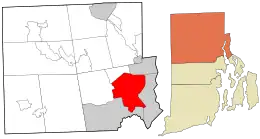 普罗维登斯(紅色)在普罗维登斯縣(左)及羅德島州(右)的位置