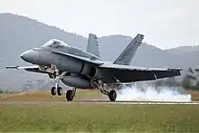 Photo of a modern fighter aircraft landing on a runway. Mountains are visible in the background of the photo.