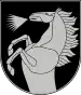 A coat of arms depicting a silver horse that is rearing and neighing all on a dark green background bordered by a thin silver line