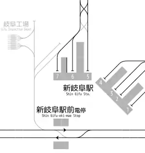 新岐阜站、新岐阜站前電停 構內配線略圖（2005年以前）