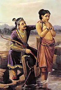 Painting of Satyavat, standing with her back turned to King Shantanu。