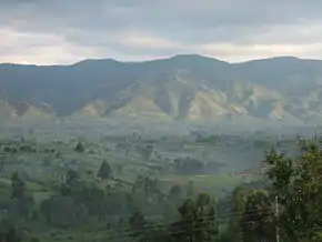 Hills with grassland, trees and farmland in front of a mountain range.