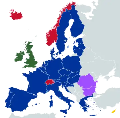 labelled map of Europe showing Schengen Area