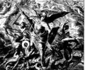 Michael and the Dragon. Die Bibel in Bildern (Revelation) engraving by Julius Schnorr von Carolsfeld, 1860.