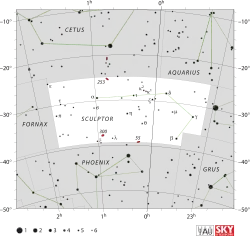 Diagram showing star positions and boundaries of the Sculptor constellation and its surroundings