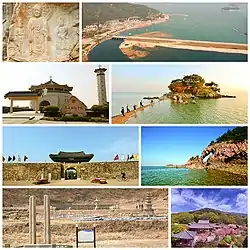 左侧由上至下依次为瑞山摩崖三尊佛像、海美殉教圣地、海美邑城墙和普愿寺遗址；右侧则为三吉浦港、看月庵、黄金山洞窟和开心寺。