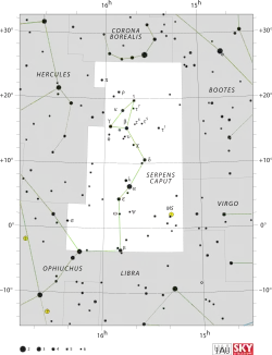 圖顯示巨蛇座和其周圍空間恆星的位置和邊界線。