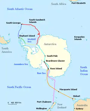  Outline of Antarctica coast, with different lines indicating the various journeys made by ships and land parties during the Imperial Trans-Antarctic Expedition