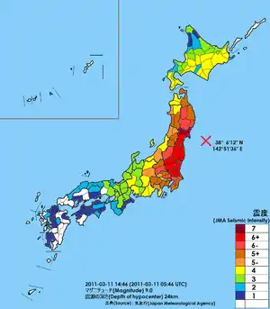 2011年日本東北大地震主震在各地造成之後的震度圖