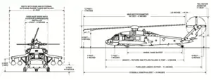 Orthographically projected diagram of the UH-60A Black Hawk.