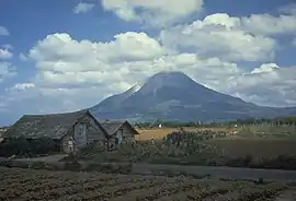 A photograph depicting a blue sky with white clouds at the top, a grey mountain range in the middle, and green foliage at the bottom.