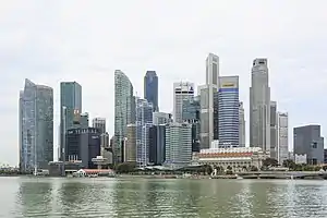 Singapore skyline near a body of water, known as the Marina Bay.