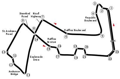 A map of Marina Bay, which runs anticlockwise and has 23 turns, with the pit lane located between turn 22 and turn 2