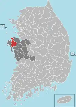 瑞山市在韩国及忠清南道的位置