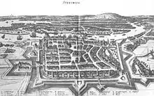 Print showing a city surrounded by walls and water