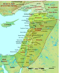 Geophysical map of the Levant, with major cities and boundaries of the early Islamic provinces marked