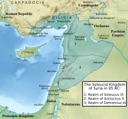 Map depicting the kingdom of Syria in the year 95 BC when it was divided between Seleucus VI in the north with his capital at Antioch; Demetrius III in the south with his capital at Damascus; and Antiochus X in the west with his base at Arwad.