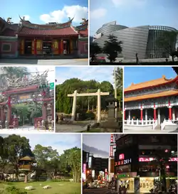 從中、左下順時針：桃園市忠烈祠、虎頭山公園、桃園景福宮、桃園文昌宮、桃園展演中心、桃園孔廟、中正路商圈