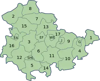 Map of Thuringia showing the boundaries of the districts