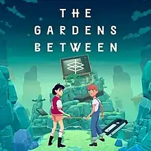 阿麗娜和弗萊德特站立於上方有「The Gardens Between」字樣的小島