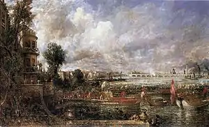 《從白廳樓梯看滑鐵盧大橋的開通》（The Opening of Waterloo Bridge seen from Whitehall Stairs），1817年6月18日，油畫，約1832年。倫敦泰特不列顛美術館