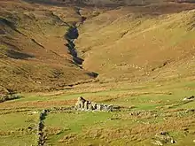 A ruined stone building sits in an empty landscape with a steep slope beyond.