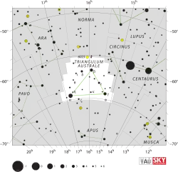 Diagram showing star positions and boundaries of the Triangulum Australe constellation and its surroundings