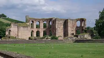 Ruins of brick bath house, only one wall and about a dozen arches are still visible