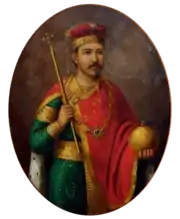 Modern painting of a standing man dressed in a green tunic, red cape, holding a sceptre and globus cruciger and wearing a gold-and-red crown