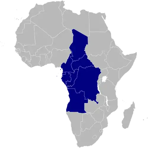 Map of Africa with the Central countries highlighted