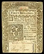 Connecticut colonial currency, 40 shillings, 1775 (obverse)